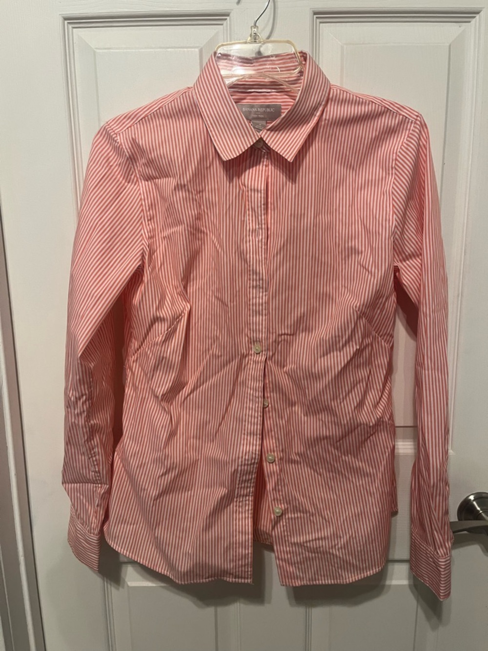 Banana Republic Coral and White Striped Button-Up Shirt